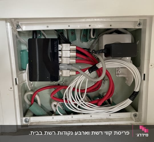 נתב רשת עם כבלים אדומים ולבנים מחוברים